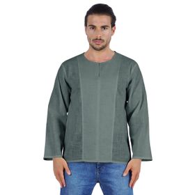 Atasi Kurta Uzun Kollu Pamuklu Yuvarlak Yaka Düz Düğümlü Cam Göbeği Yeşili Erkek Gömlek