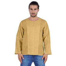 Atasi Kurta Uzun Kollu Pamuklu Yuvarlak Yaka Düz Düğümlü Sarı Erkek Gömlek
