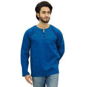 Atasi Kurta Yuvarlak Anahtar Deliği Yaka Cam Göbeği Mavisi Erkek Gömlek