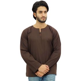 Atasi Kurta Yuvarlak Anahtar Deliği Yaka Kahverengi Erkek Gömlek