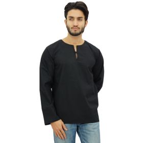 Atasi Kurta Yuvarlak Anahtar Deliği Yaka Siyah Erkek Gömlek