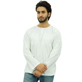 Atasi Kurta Yuvarlak Yaka Pamuklu Kıvrılabilir Kollu Beyaz Erkek Gömlek