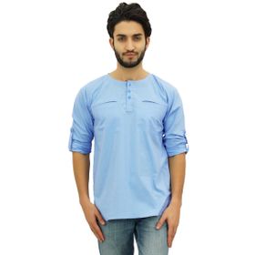 Atasi Kurta Yuvarlak Yaka Pamuklu Kıvrılabilir Kollu Gök Mavisi Erkek Gömlek