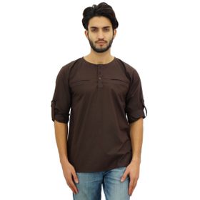 Atasi Kurta Yuvarlak Yaka Pamuklu Kıvrılabilir Kollu Kahverengi Erkek Gömlek