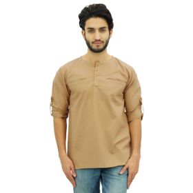 Atasi Kurta Yuvarlak Yaka Pamuklu Kıvrılabilir Kollu Kahverengi Light Brown Erkek Gömlek
