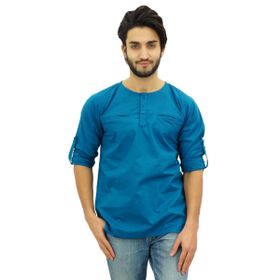 Atasi Kurta Yuvarlak Yaka Pamuklu Kıvrılabilir Kollu Mavi Teal Blue Erkek Gömlek