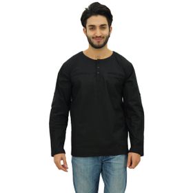Atasi Kurta Yuvarlak Yaka Pamuklu Kıvrılabilir Kollu Siyah Erkek Gömlek