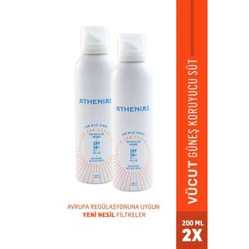 Athenias Sun Milk Spray SPF50+ Tüm Cilt Tipleri UVA UVB Yüksek Korumalı 2x200 ML Güneş Kremi