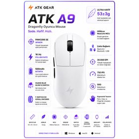 ATK Dragonfly A9 Ultra Max 2.0 Beyaz Optik Şarjlı Kablolu/Kablosuz Gaming Mouse
