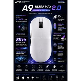 ATK Dragonfly A9 Ultra Max 2.0 Beyaz Optik Şarjlı Kablolu/Kablosuz Gaming Mouse