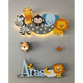 Atölye Selçukum Bebek Mavisi Safari Hayvanlar Işıklı İsme Özel Ahşap Bebek Odası Kapı Süsü