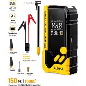 Auhma A8844 10.000Mah Powerbank Led Fener 150 Psı Sarı Akü Takviye Cihazı Hava Kompresörü