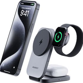 Aukey LC-MC312-GY MagFusion Z Qi2 15W Katlanabilir 3'ü 1 Arada Mıknatıslı Kablosuz Şarj Cihazı