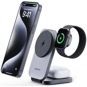Aukey LC-MC312-GY MagFusion Z Qi2 15W Katlanabilir 3'ü 1 Arada Mıknatıslı Kablosuz Şarj Cihazı