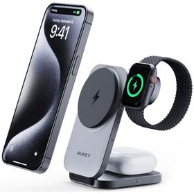 Aukey LC-MC312-GY MagFusion Z Qi2 15W Katlanabilir 3'ü 1 Arada Mıknatıslı Kablosuz Şarj Cihazı