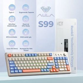 Aula S99 Turuncu Retro Rgb Gaming 3 Modlu Bluetooth Kablosuz Makrolu Türkçe Q Klavye