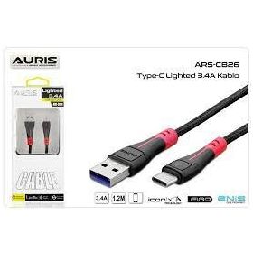 Auris ARS-CB26 3.4A 1.2 mt Işıklı Örgülü Fast Type-C Zore Data Şarj Kablosu
