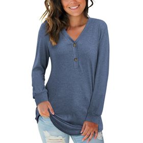 Auselıly Henley Lacivert Mavi Uzun Kollu V Yaka Düğmeli Kadın T-shirt