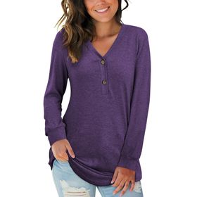 Auselıly Henley Mor Uzun Kollu V Yaka Düğmeli Kadın T-shirt