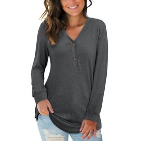 Auselıly Henley Siyah Gri Uzun Kollu V Yaka Düğmeli Kadın T-shirt
