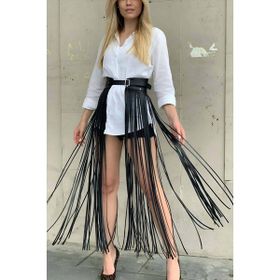 Ava Style Siyah Yüksek Bel Şık Deri Püsküllü Seksi Etek