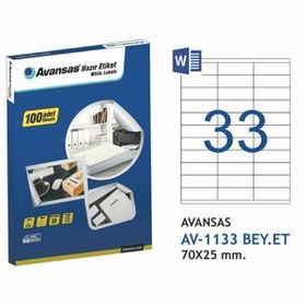 Avansas AV-1133 70x25 mm 33'lü Beyaz Etiket