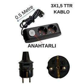 Avarson Topraklı Anahtarlı Kablolu İkili 0,5 Metre Priz