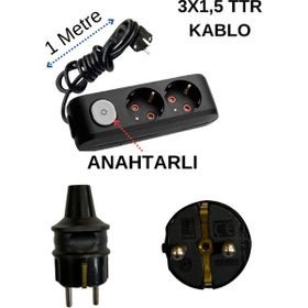 Avarson Topraklı Anahtarlı Kablolu İkili 1 Metre Siyah Priz