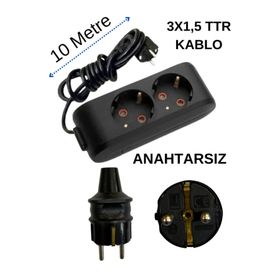 Avarson Topraklı Anahtarlı Kablolu İkili 10 Metre Siyah Priz