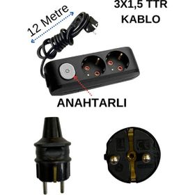Avarson Topraklı Anahtarlı Kablolu İkili 12 Metre Siyah Priz