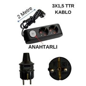 Avarson Topraklı Anahtarlı Kablolu İkili 2 Metre Siyah Priz
