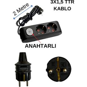Avarson Topraklı Anahtarlı Kablolu İkili 2 Metre Siyah Priz