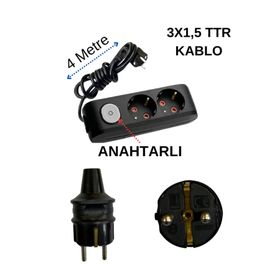 Avarson Topraklı Anahtarlı Kablolu İkili 4 Metre Siyah Priz