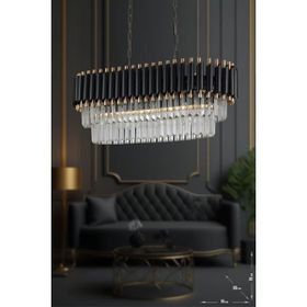 Avize Moda Palmira Kristal Taşlı Lüks 6'lı 75x35 cm Siyah Gold Yemek Masası Üstü Avize
