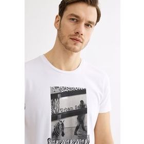 Avva A01S1256 Beyaz Bisiklet Yaka Baskılı Erkek T-Shirt
