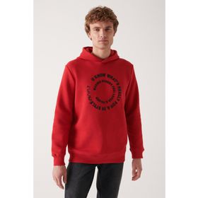 Avva A22Y1110 Erkek Kırmızı Kapüşonlu Yaka Baskılı Sweatshirt