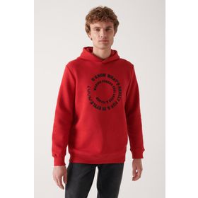 Avva A22Y1110 Erkek Kırmızı Kapüşonlu Yaka Baskılı Sweatshirt