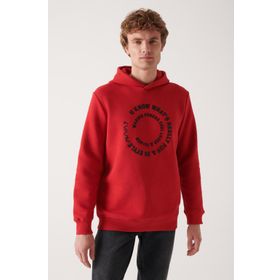 Avva A22Y1110 Erkek Kırmızı Kapüşonlu Yaka Baskılı Sweatshirt