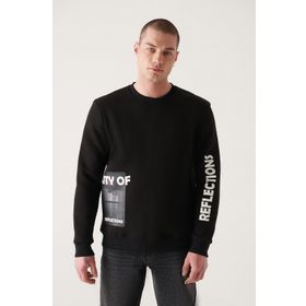 Avva A22Y1246 Erkek Siyah Bisiklet Yaka Hologram Baskılı Sweatshirt