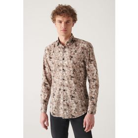 Avva A22Y2013 Erkek Kamel Soyut Desenli %100 Pamuk Slim Fit Gömlek