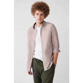 Avva A31Y2084 Kahverengi Seersucker Alttan Düğmeli Yaka Çizgili Slim Fit Erkek Gömlek