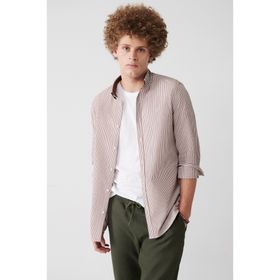 Avva A31Y2084 Kahverengi Seersucker Alttan Düğmeli Yaka Çizgili Slim Fit Erkek Gömlek