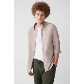 Avva A31Y2084 Kahverengi Seersucker Alttan Düğmeli Yaka Çizgili Slim Fit Erkek Gömlek
