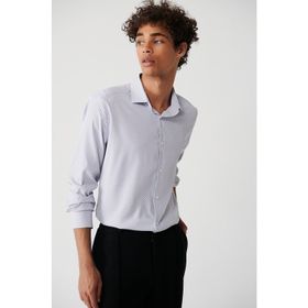 Avva A32Y2108 Gri Klasik Yaka Çizgili Travel Slim Fit Erkek Gömlek