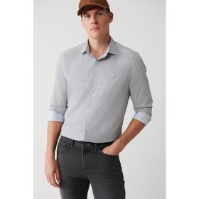 Avva A32Y2109 Gri Klasik Yaka Geometrik Baskılı Slim Fit Dar Kesim Travel Erkek Gömlek
