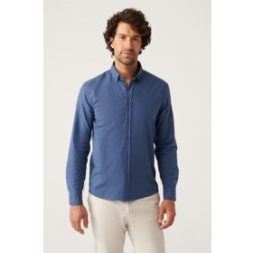 Avva E002141 Indigo Erkek Düz Yaka Comfort Fit Pamuk Gömlek