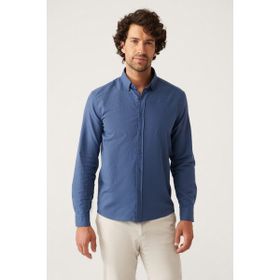 Avva E002141 Indigo Erkek Düz Yaka Comfort Fit Pamuk Gömlek