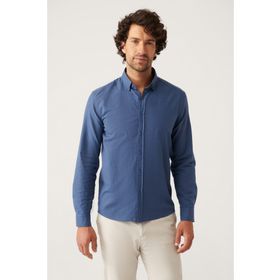 Avva E002141 Indigo Erkek Düz Yaka Comfort Fit Pamuk Gömlek