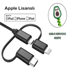 Awetron Apple Mfi Lisanslı Lightning Type C Micro Usb 3'lü Hasır İp 1,5 m Şarj Kablo