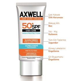 Axwell Sun Care Cream Leke Karşıtı Çok Yüksek Koruma SPF50+ 50 ml Güneş Kremi